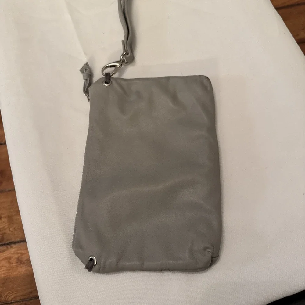 Byloom and Hyde Light Gray Pleated‎ Clutch Leather Bag With Wrist Strap